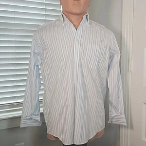 Paul Fredrick Men's Button Down Shirt 100% Cotton Blue White Size 17 1/2 - 35